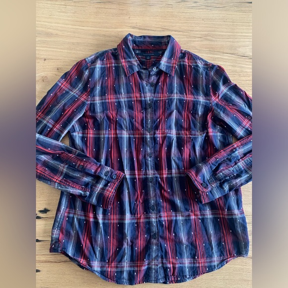 Tommy Hilfiger‎ Red White Blue Plaid Cotton Button Down Women’s M Preloved - Picture 1 of 6